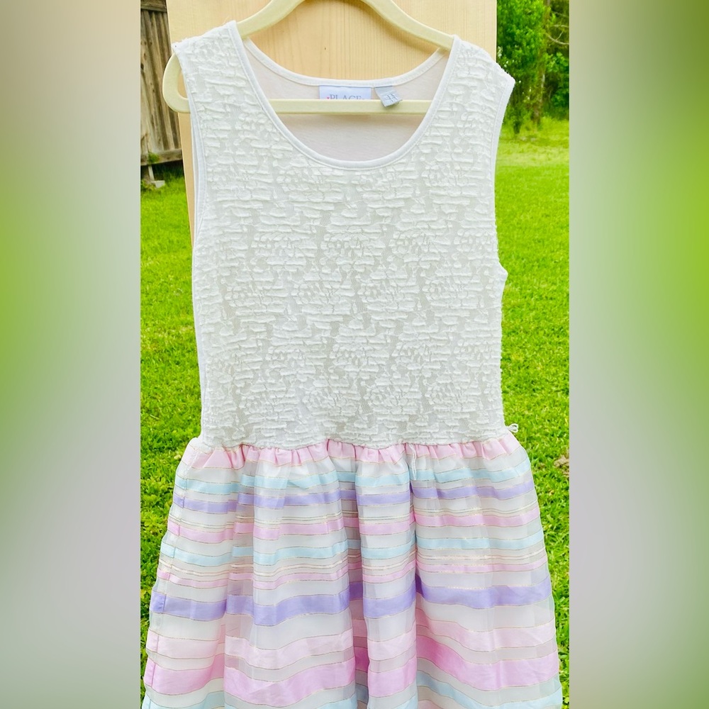 XL 10/12 Girl Elegant Lace Dress Sleeveless Lace And Striped Knit To Woven Dress - Picture 2 of 9